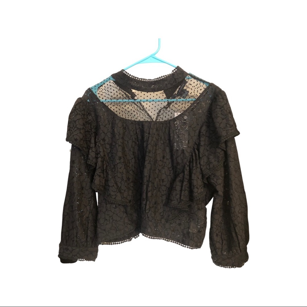 NWT French Connection Black Lace Inna Mix Ruffle Mock Neck Top!